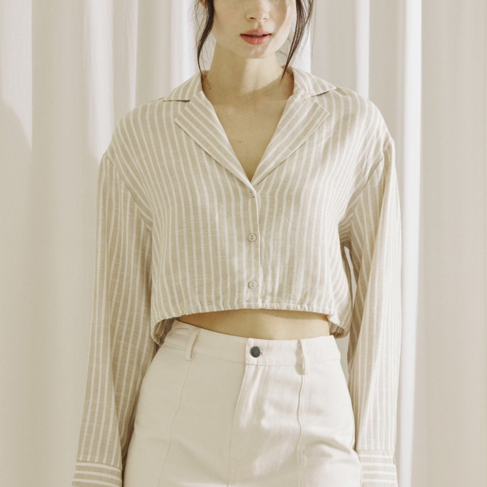 Storia Beige Striped Cropped Shirt with Button Front